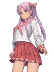 Rule 34 | 1girl, blouse, blue eyes, bow, commentary request, fingernails, hair bow, highres, hiiragi kagami, kerchief, light purple hair, long hair, long sleeves, looking at viewer, looking down, lucky star, midriff, midriff peek, nail polish, navel, pink kerchief, pink nails, pink sailor collar, pleated skirt, ranma (kamenrideroz), red bow, red skirt, sailor collar, school uniform, serafuku, shirt, simple background, skirt, solo, standing, stomach, white background, white shirt