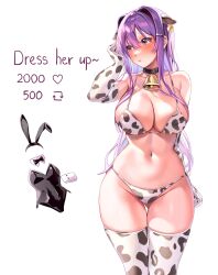 Rule 34 | 1girl, absurdres, alternate costume, animal ears, animal print, arrow (symbol), bell, black bra, black collar, black gloves, black leotard, black panties, black thighhighs, blush, bra, breasts, closed mouth, collar, collarbone, commentary, cow ears, cow print, cow print bikini, doki doki literature club, elbow gloves, english commentary, english text, fake animal ears, gloves, hair between eyes, hair ornament, hairclip, hand up, heart, highres, large breasts, leotard, long hair, looking to the side, machulanko, meme, navel, neck bell, panties, playboy bunny, print bikini, purple eyes, purple hair, rabbit ears, sidelocks, simple background, solo, strapless, strapless leotard, sweatdrop, thighhighs, twitter strip game (meme), underwear, white background, white bra, white gloves, white panties, white thighhighs, wrist cuffs, yuri (doki doki literature club)