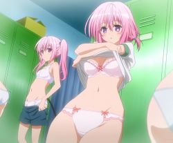 Rule 34 | 10s, 2girls, ass, blush, bra, breasts, cleavage, clothes lift, clothes pull, flat chest, gym uniform, long hair, momo velia deviluke, multiple girls, nana asta deviluke, navel, panties, pink eyes, pink hair, pulled by self, screencap, shirt lift, short hair, short twintails, shorts, shorts pull, siblings, sisters, stitched, tail, third-party edit, to love-ru, to love-ru darkness, training bra, twins, twintails, underwear, undressing