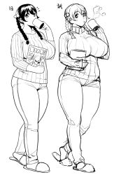 Rule 34 | 2girls, bad id, bad tumblr id, blush, braid, breasts, dekkano!!, denim, full body, greyscale, huge breasts, jeans, long hair, looking at viewer, monochrome, multiple girls, pants, plump, ribbed sweater, simple background, slippers, standing, suzurikawa sasha, sweater, synecdoche, thick thighs, thighs, turtleneck, twin braids