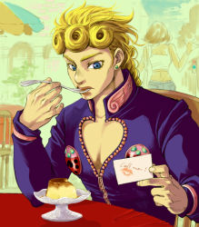 Rule 34 | 1boy, blonde hair, blue eyes, bug, card, chair, eating, english text, food, giorno giovanna, insect, jojo no kimyou na bouken, ladybug, lipstick mark, male focus, merumeru626, pectoral cleavage, pectorals, pudding, sitting, solo focus, spoon, table, tablecloth, vento aureo