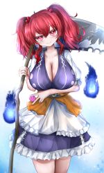 Rule 34 | 1girl, :|, absurdres, black sash, blue dress, blue fire, blue kimono, breasts, cleavage, closed mouth, cowboy shot, dress, fire, frilled dress, frills, hair bobbles, hair ornament, highres, holding, holding scythe, huge breasts, itanase, japanese clothes, kimono, onozuka komachi, red eyes, red hair, sash, scythe, short sleeves, smile, solo, touhou, twintails, two side up, watermark