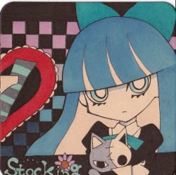 Rule 34 | 10s, 1girl, blue eyes, blue hair, blunt bangs, colored inner hair, doll, hugging doll, eyelashes, holding, honekoneko (psg), jitome, long hair, marker (medium), matching hair/eyes, mosho, multicolored hair, no nose, hugging object, official style, panty &amp; stocking with garterbelt, pink hair, solo, stocking (psg), stuffed animal, stuffed cat, stuffed toy, traditional media, two-tone hair
