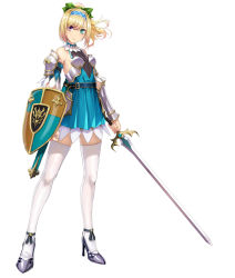 Rule 34 | 1girl, armor, armpit crease, artist request, bare shoulders, blonde hair, blue eyes, blue gemstone, blue hairband, blush, bow, breastplate, checkered footwear, clenched hand, closed mouth, dress, gem, green bow, green eyes, grey background, grey footwear, hair between eyes, hairband, heterochromia, high heels, highres, holding, holding shield, holding sword, holding weapon, long hair, looking at viewer, pauldrons, purple eyes, scabbard, sheath, shield, shoulder armor, simple background, skindentation, solo, standing, sword, taimanin (series), taimanin rpgx, thighhighs, unsheathed, vambraces, weapon, white thighhighs