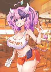 Rule 34 | 1girl, ahoge, artist name, bare shoulders, bebatch, breasts, cleavage, clothes writing, commentary, crop top, demon girl, demon tail, english commentary, fang, hair ornament, heart, heart ahoge, heart hair ornament, highres, hooters, indoors, ironmouse, large breasts, looking at viewer, multicolored hair, navel, open mouth, orange shorts, paper, pink eyes, pink hair, pink tail, purple hair, shirt, short shorts, shorts, signature, smile, solo, streaked hair, tail, teeth, twintails, virtual youtuber, vshojo, waving, white shirt