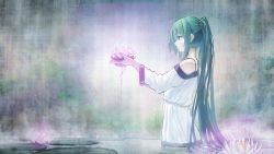 Rule 34 | 1girl, aqua eyes, bare shoulders, closed mouth, commentary request, cowboy shot, dress, flower, green hair, hatsune miku, highres, holding, holding flower, lily pad, long hair, long sleeves, lotus, sentou kouhei kitsune, solo, spaghetti strap, standing, twintails, very long hair, vocaloid, water, white dress