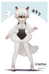 Rule 34 | 1girl, ^^^, animal ears, black hair, bow, bowtie, center frills, character name, commentary request, extra ears, frills, frown, full body, gradient hair, kemono friends, legs apart, long sleeves, looking at viewer, madara sai, multicolored hair, pantyhose, short hair, simple background, solo, southern tamandua (kemono friends), standing, sweatdrop, translated, twitter username, underbust, white bow, white bowtie, white hair, white pantyhose