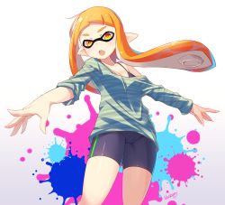 Rule 34 | 1girl, bike shorts, blueberry (5959), blush, breasts, cameltoe, cleavage, inkling, inkling girl, inkling player character, long hair, looking at viewer, matching hair/eyes, monster girl, nintendo, open mouth, orange eyes, orange hair, personification, pointy ears, short hair with long locks, small breasts, solo, splatoon (series), splatoon 1, tentacle hair, twintails