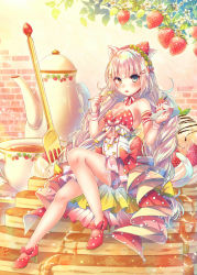 Rule 34 | 1girl, animal ears, arm ribbon, bare shoulders, blue eyes, bow, breasts, brick wall, cake, cake slice, cat ears, cat girl, cat tail, cleavage, commentary, cream, cup, dress, fingernails, food, fork, fruit, heterochromia, holding, holding fork, holding plate, ice cream, in food, long hair, looking at viewer, medium breasts, mini person, minigirl, mouth hold, nail polish, nemuri nemu, original, pancake, pancake stack, pink footwear, pink heels, plate, polka dot, red bow, red nails, ribbon, shoes, silver hair, sitting, solo, strapless, strapless dress, strawberry, striped ribbon, tail, tea, teacup, teapot, very long hair, white dress, wrist cuffs, yellow eyes