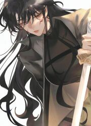 1girl black_coat black_hair black_shirt blood blood_on_face breasts chest_belt coat commentary genderswap genderswap_(mtf) hair_over_eyes highres holding holding_sword holding_weapon large_breasts leaning_forward long_hair omniscient_reader&#039;s_viewpoint orv_yjh_kdj shirt simple_background solo sword very_long_hair weapon white_background yoo_joonghyuk