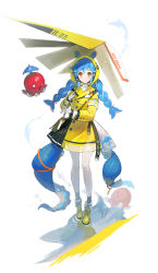 Rule 34 | 1girl, absurdres, artist name, blue hair, boots, braid, closed mouth, coat, dress, fold-over boots, highres, holding, holding umbrella, octopus, orange eyes, original, raincoat, smile, solo, soyoong jun, standing, tentacles, trench coat, twin braids, umbrella, white background