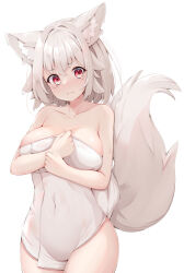 Rule 34 | 1girl, animal ear fluff, animal ears, blush, breasts, closed mouth, collarbone, covered navel, cowboy shot, inubashiri momiji, large breasts, looking at viewer, red eyes, rururiaru, short hair, simple background, solo, tail, tears, touhou, wavy mouth, white background, white hair, wolf ears, wolf tail