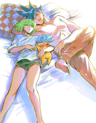 Rule 34 | 3boys, baby, bae (baebae), barefoot, bed, blue hair, drooling, duplicate, galo thymos, green hair, highres, if they mated, lio fotia, male focus, multiple boys, pillow, pixel-perfect duplicate, promare, shirt, short shorts, shorts, sleeping, t-shirt, topless male