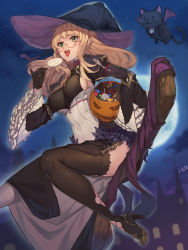 Rule 34 | 1girl, :3, absurdres, bat wings, black footwear, black gloves, black hat, blonde hair, boots, breasts, candy, cat, commentary request, food, frilled sleeves, frills, full moon, glasses, gloves, green eyes, halloween, hat, high heel boots, high heels, highres, holding, holding candy, holding food, holding lollipop, jack-o&#039;-lantern, jam (nandade), juliet sleeves, lollipop, long hair, long sleeves, medium breasts, moon, night, night sky, open mouth, original, pink-framed eyewear, pointy ears, puffy sleeves, semi-rimless eyewear, sideboob, sky, solo, star (sky), starry sky, thigh boots, thighhighs, tongue, tongue out, under-rim eyewear, wide sleeves, wings, witch