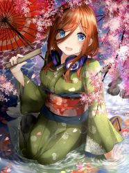 Rule 34 | 1girl, :d, arm support, blue eyes, blush, breasts, brown hair, cherry blossoms, collarbone, commentary request, floral print, flower, folding fan, full body, furisode, go-toubun no hanayome, green kimono, hair between eyes, hand fan, headphones, headphones around neck, highres, holding, holding fan, japanese clothes, kimono, large breasts, long hair, long sleeves, looking at viewer, nakano miku, new year, obi, obijime, oil-paper umbrella, open mouth, partially submerged, petals, petals on liquid, print kimono, river, rock, sandals, sash, shiranui (nisioisin sinob), sitting, smile, solo, tabi, teeth, umbrella, upper teeth only, wide sleeves, yokozuwari, zouri
