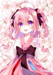 Rule 34 | 1girl, absurdres, ahoge, ankleband, azur lane, bow, brown bow, floral background, flower, gomusin, highres, korean clothes, official alternate costume, pink flower, pink hair, purple eyes, saratoga (azur lane), saratoga (hibiscus-scented idol) (azur lane), see-through, see-through sleeves, shiro kanae, solo, twintails, two-sided fabric, two-sided skirt