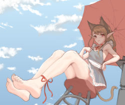 Rule 34 | 1girl, absurdres, anklet, bare legs, barefoot, beach, beach umbrella, brown hair, c.rabbit, chair, character request, feet, highres, holding, holding umbrella, jewelry, long hair, pointy ears, red eyes, sitting, tail, umbrella
