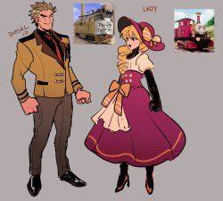 Rule 34 | 1boy, 1girl, bad id, bad twitter id, blonde hair, bodysuit, brown hair, character name, cleft chin, diesel 10 the claw engine, dress, drill hair, elbow gloves, gloves, grey background, hat, high heels, highres, kendy (revolocities), lady the magical engine, looking at viewer, personification, puffy short sleeves, puffy sleeves, short hair, short sleeves, simple background, smile, sun hat, thomas the tank engine, uniform
