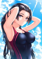 Rule 34 | 1girl, absurdres, armpits, black hair, blue one-piece swimsuit, blue sky, breasts, cleavage, closed mouth, cloud, collarbone, competition swimsuit, covered navel, day, h-appa, hair intakes, hands in hair, highres, kongou mitsuko, long hair, looking at viewer, medium breasts, one-piece swimsuit, outdoors, purple eyes, sky, smile, solo, swimsuit, toaru kagaku no railgun, toaru majutsu no index, upper body, very long hair