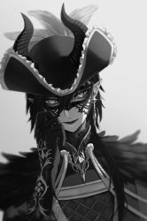 Rule 34 | 1boy, blurry, blurry background, earrings, elbow gloves, film grain, gloves, greyscale, hair between eyes, hat, highres, horns, jewelry, lipstick, looking at viewer, makeup, male focus, malleus draconia, mask, monochrome, nagi naruki, pointy ears, short hair, simple background, slit pupils, smile, solo, twisted wonderland, white background