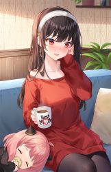 Rule 34 | 2girls, anya (spy x family), black hair, black pantyhose, blush, book, breasts, character doll, child, closed eyes, coffee mug, collarbone, commentary, cone hair bun, couch, cup, doll, earrings, english commentary, hair bun, hairband, hand on own cheek, hand on own face, highres, hitsukuya, holding, holding cup, indoors, jewelry, large breasts, long hair, long sleeves, looking to the side, lying, mug, multiple girls, off-shoulder sweater, off shoulder, on side, open mouth, pantyhose, pillow, pink hair, plant, potted plant, print mug, red eyes, red sweater, shelf, sidelocks, sitting, spy x family, steam, sweater, thighs, twilight (spy x family), yor briar