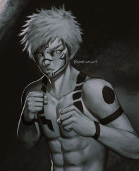 Rule 34 | 1boy, abs, absurdres, artist name, clenched hand, facial tattoo, fighting stance, greyscale, highres, jujutsu kaisen, looking at viewer, male focus, monochrome, muscular, ryoumen sukuna (jujutsu kaisen), smetism, solo, tattoo