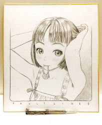 Rule 34 | 1girl, absurdres, adjusting hair, armpits, arms up, art tools in frame, bare arms, blunt bangs, bob cut, border, closed mouth, english text, graphite (medium), greyscale, hair tie in mouth, highres, looking at viewer, mechanical pencil, monochrome, mouth hold, murata range, original, parted bangs, pencil, shikishi, shirt, short hair, sleeveless, sleeveless shirt, solo, traditional media, tying hair, upper body