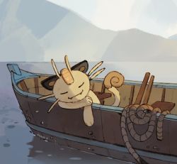 Rule 34 | afloat, artist name, boat, cindy (pigeoncindy ), closed mouth, commentary, creatures (company), day, closed eyes, fangs, game freak, gen 1 pokemon, highres, meowth, nintendo, no humans, outdoors, pokemon, pokemon (creature), rope, sleeping, smile, water, watercraft