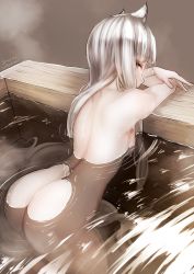 Rule 34 | 1girl, animal ears, ass, back, bare back, bathing, blunt bangs, breasts, erune, granblue fantasy, greyscale, highres, long hair, looking at viewer, monochrome, nosuku, nude, pholia, small breasts, solo, steam, thighs, very long hair, water