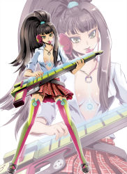 Rule 34 | 1girl, black hair, breasts, cleavage, female focus, full body, green eyes, headphones, instrument, medium breasts, mouth hold, open clothes, open shirt, original, pleated skirt, ponytail, shirt, skirt, solo, standing, star (symbol), thighhighs, tsurime, twenty, white background, zoom layer