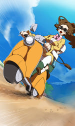 Rule 34 | 1boy, 1girl, arms around waist, bag, blue eyes, boots, bow, bowtie, brown eyes, brown hair, child, day, emmycycle, formal, fujikami (lilac), goggles, handbag, helmet, jacket, level-5, long hair, luke triton, motion lines, motor vehicle, motorized vehicle, outdoors, professor layton, remi altava, scooter, shorts, sky, suit, vehicle, vespa