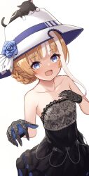 Rule 34 | 1girl, akikawa yayoi (umamusume), alternate costume, alternate hairstyle, animal, animal on head, bare arms, bare shoulders, black dress, black gloves, blue eyes, blue gloves, blue hat, blunt bangs, blush, braid, braided bun, brown hair, cat, cat on head, collarbone, commentary, commentary request, dress, fang, floral print, flower, frilled dress, frills, gloves, hair bun, hand on own chest, happy, hat, hat flower, hat ornament, highres, lace, lace-trimmed dress, lace gloves, lace trim, looking at viewer, merxkialis, multicolored clothes, multicolored hair, multicolored hat, on head, open mouth, out of frame, outstretched hand, shadow, simple background, skin fang, sleeveless, sleeveless dress, solo, strapless, strapless dress, streaked hair, two-tone gloves, umamusume, white background, white hat