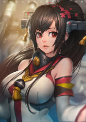 Rule 34 | 10s, 1girl, artist name, blurry, breasts, brown hair, cherry blossoms, depth of field, detached sleeves, eyelashes, flower, hair flower, hair ornament, headgear, kantai collection, large breasts, lips, long hair, neoartcore, nose, parted lips, ponytail, red eyes, sidelocks, solo, taut clothes, upper body, watermark, web address, yamato (kancolle)