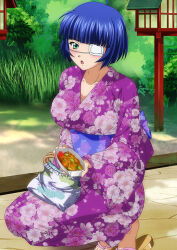 Rule 34 | 1girl, :o, alternate costume, blue hair, blunt bangs, bob cut, breasts, cleavage, collarbone, day, eyepatch, floral print, food, green eyes, holding, ikkitousen, japanese clothes, kimono, large breasts, long sleeves, mole, mole under mouth, open mouth, outdoors, print kimono, purple kimono, ryomou shimei, short hair, solo, squatting, straight hair, wide sleeves
