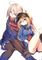 Rule 34 | 2girls, ahoge, artoria pendragon (fate), baseball cap, belt boots, black footwear, blonde hair, blue eyes, blue jacket, blue scarf, blue skirt, boots, braid, closed mouth, coat, duffel coat, fal maro, fate/grand order, fate (series), french braid, garter straps, glasses, hair between eyes, hat, highres, jacket, knee boots, long hair, looking at viewer, multiple girls, mysterious heroine x (fate), mysterious heroine x alter (fate), mysterious heroine x alter (first ascension) (fate), open clothes, open coat, plaid, plaid scarf, platinum blonde hair, pleated skirt, ponytail, red scarf, scarf, school uniform, serafuku, short shorts, shorts, sidelocks, silver hair, simple background, sitting, skirt, smile, thighhighs, thighs, track jacket, white background, yellow eyes