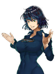 Rule 34 | 1girl, black dress, black hair, breasts, cellphone, covered navel, dress, fubuki (one-punch man), green eyes, impossible clothes, large breasts, long sleeves, narrow waist, one-punch man, parted lips, phone, short hair, simple background, skin tight, smartphone, smile, solo, tawawa challenge, the golden smurf, upper body, white background