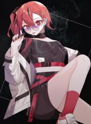 Rule 34 | 1girl, black choker, black hair, choker, ear piercing, electronic cigarette, fu92, glasses, hair between eyes, hair ornament, hairpin, highres, jacket, knee up, looking at viewer, multicolored hair, open clothes, open jacket, original, piercing, ponytail, red eyes, red hair, red socks, shoes, sitting, smoke, socks, solo, streaked hair, tongue, tongue out