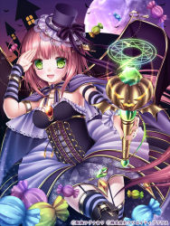 Rule 34 | 1girl, :d, brown hair, candy, cape, green eyes, halloween, hat, holding, looking at viewer, mini hat, mini top hat, official art, open mouth, original, seiten ragnarok, shitou, short hair, smile, solo, top hat, wand