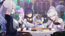 Rule 34 | 3girls, ahoge, annoyed, bare shoulders, black flower, black sleeves, breasts, bronya zaychik, bronya zaychik (silverwing: n-ex), brown gloves, cake, chair, chinese commentary, closed mouth, crown, cup, earrings, eating, feeding, flower, food, fork, gloves, grey eyes, grey hair, hand on own head, high ponytail, highres, holding, holding food, holding spoon, homu (honkai impact), honkai (series), honkai impact 3rd, jewelry, kiana kaslana, kiana kaslana (herrscher of finality), large breasts, looking at another, multiple girls, official art, official wallpaper, open mouth, purple eyes, raiden mei, raiden mei (apho), single glove, sitting, smile, spoilers, spoon, star-shaped pupils, star (symbol), symbol-shaped pupils, white hair, white sleeves