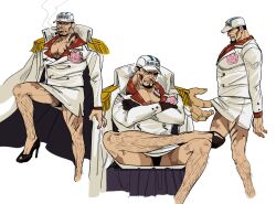 Rule 34 | 2boys, bara, censored, chest tattoo, cigar, clothes lift, coat, collared shirt, cropped legs, crossdressing, crossed arms, flower, high heels, kin9 y3ah q, large hands, large pectorals, leg hair, lifting another&#039;s clothes, male focus, multiple boys, multiple views, muscular, muscular male, old, old man, one piece, pectoral cleavage, pectorals, rose, sakazuki (akainu), scar, scar on leg, shirt, short hair, skirt, skirt lift, smoking, solo focus, tattoo, thick eyebrows, walking, yaoi
