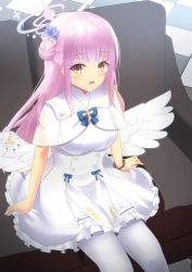 Rule 34 | 1girl, :d, blue archive, blue bow, blue flower, bow, breasts, brown eyes, capelet, checkered floor, commentary request, couch, dress, feathered wings, feet out of frame, flower, frilled dress, frills, hair bun, hair flower, hair ornament, halo, highres, long hair, looking at viewer, low wings, medium breasts, mika (blue archive), neu (frameice), on couch, open mouth, pantyhose, pink hair, single side bun, smile, solo, very long hair, white capelet, white dress, white pantyhose, white wings, wings