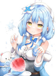 Rule 34 | 1girl, absurdres, ahoge, belt, beret, blouse, blue bow, blue bowtie, blue coat, blue hair, blush, bow, bowtie, breasts, brown belt, center frills, cleavage cutout, closed mouth, clothing cutout, coat, daifuku (yukihana lamy), elf, food, frilled shirt, frills, fur-trimmed coat, fur trim, hair between eyes, hat, heart, heart ahoge, highres, hololive, leather belt, long hair, low twintails, magic, medium breasts, multicolored hair, off shoulder, pepushi drow, pointy ears, shaved ice, shirt, sleeveless, sleeveless shirt, smile, streaked hair, twintails, underbust, virtual youtuber, white headwear, white shirt, yellow eyes, yukihana lamy