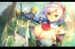 Rule 34 | 2girls, armor, blonde hair, breasts, character request, dot nose, electricity, female focus, flower, genshin impact, green eyes, hair flower, hair ornament, holding, holding sword, holding weapon, ituki gi, large breasts, looking at viewer, lumine (genshin impact), magic, multiple girls, noelle (genshin impact), rain, short hair, sword, water, weapon, white hair