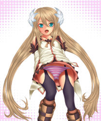 Rule 34 | 00s, 1girl, aqua eyes, boots, brown hair, fang, fangs, knee boots, long hair, marta lualdi, panties, rokuichi, solo, striped clothes, striped panties, tales of (series), tales of symphonia, tales of symphonia: dawn of the new world, thighhighs, twintails, underwear, very long hair