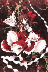 Rule 34 | 1girl, absurdres, ankle cuffs, barefoot, bow, brown hair, collar, detached sleeves, embellished costume, face, feet, female focus, flower, frilled hair tubes, frilled shirt collar, frills, gohei, hair bow, hair tubes, hakurei reimu, highres, japanese clothes, jewelry, lace, long hair, miko, neck ribbon, nontraditional miko, ofuda, red eyes, red ribbon, ribbon, ribbon-trimmed sleeves, ribbon trim, scan, skirt, skirt set, solo, tarot, tearfish, touhou, white collar, white sleeves, yellow ribbon