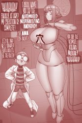 Rule 34 | 1boy, 1girl, absurdres, ahoge, android, breasts, ekz (robotekz), english text, glass, highres, huge breasts, lab coat, open mouth, original, shirt, shorts, sidelocks, socks, striped clothes, striped shirt, thighs, underboob, wire