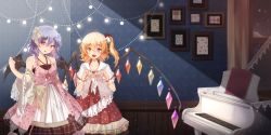 Rule 34 | 2girls, :d, :o, adapted costume, album cover, bare shoulders, bat wings, blonde hair, blue hair, bow, collarbone, cover, curtains, dress, flandre scarlet, flower, hair bow, hair ribbon, halterneck, highres, hika (ozeluk), holding, indoors, instrument, layered dress, looking at viewer, multiple girls, open mouth, piano, picture frame, pink dress, puffy sleeves, red dress, red eyes, remilia scarlet, ribbon, shawl, short sleeves, siblings, side ponytail, sisters, sleeveless, sleeveless dress, smile, snowing, touhou, window, wings, wrist cuffs