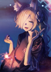 Rule 34 | absurdres, animal ear fluff, animal ears, asymmetrical bangs, black kimono, blonde hair, blue archive, blush, breasts, fireworks, floral print, flower, fox ears, hair flower, hair ornament, hair over one eye, halo, highres, holding, holding fireworks, japanese clothes, kamiyama sumu, kanna (blue archive), kimono, large breasts, long bangs, looking at viewer, official alternate costume, one eye covered, ponytail, smile, sparkler, v, wavy hair, yukata