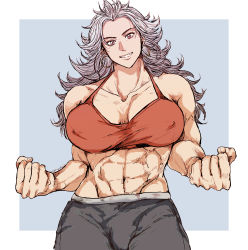 Rule 34 | 1girl, abs, absurdres, breasts, dorohedoro, earrings, highres, jewelry, large breasts, long hair, looking at viewer, muscular, muscular female, noi (dorohedoro), open mouth, red eyes, sanso 74, simple background, smile, solo, tank top, white hair