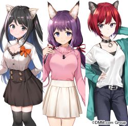 Rule 34 | 3girls, animal ear fluff, animal ears, aqua jacket, arm behind head, belt, belt buckle, black camisole, black choker, black eyes, black hair, black legwear, black pants, black skirt, blue eyes, blush, bow, breasts, buckle, buttons, camisole, cat ears, choker, cleavage, closed mouth, collarbone, commentary request, copyright request, cowboy shot, frilled shirt, frills, hair ribbon, hand on own hip, hand up, jacket, jewelry, long hair, long sleeves, looking at viewer, low twintails, medium breasts, miniskirt, multiple girls, necklace, nishizawa, off shoulder, official art, orange bow, pants, pink sweater, pleated skirt, purple eyes, purple hair, red hair, red ribbon, ribbon, shirt, shirt tucked in, short hair, sidelocks, skirt, sleeves past wrists, smile, standing, sweater, thighhighs, twintails, two side up, undershirt, watermark, white background, white shirt, white skirt, zettai ryouiki
